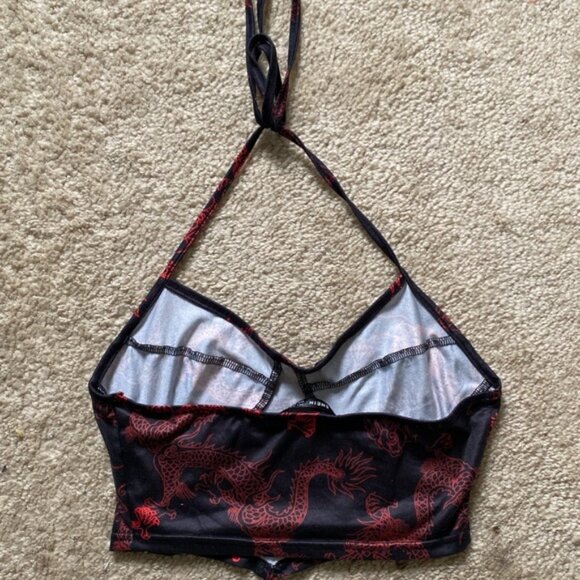 Chinese Dragon Print Asymmetrical Hem Crop Halter Top - Picture 2 of 4